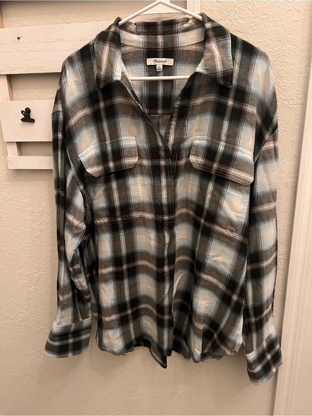 Madewell Plaid Popover Blouse XL Blue Gray Black Long Sleeve Lightweight Shirt
